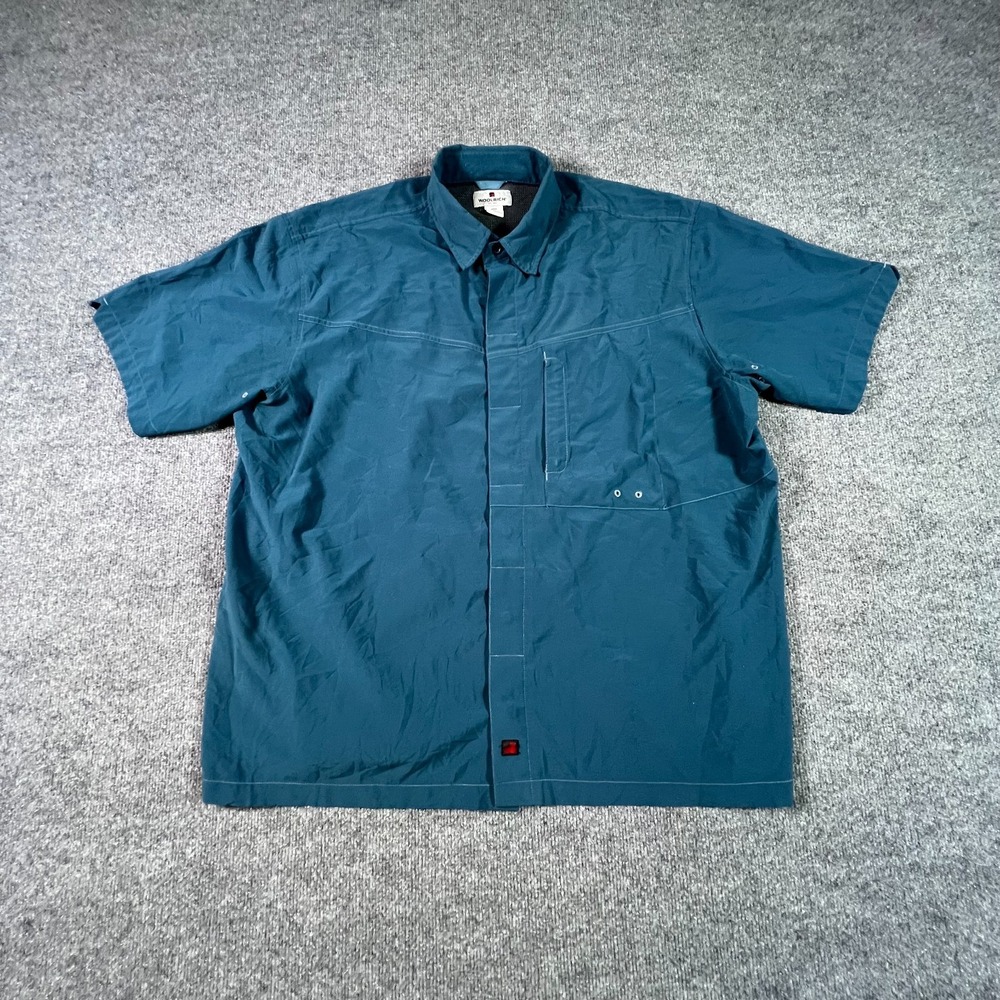 Woolrich Button-Up Shirt Mens XL Green Polyester Hydro Stretch Short Sleeve